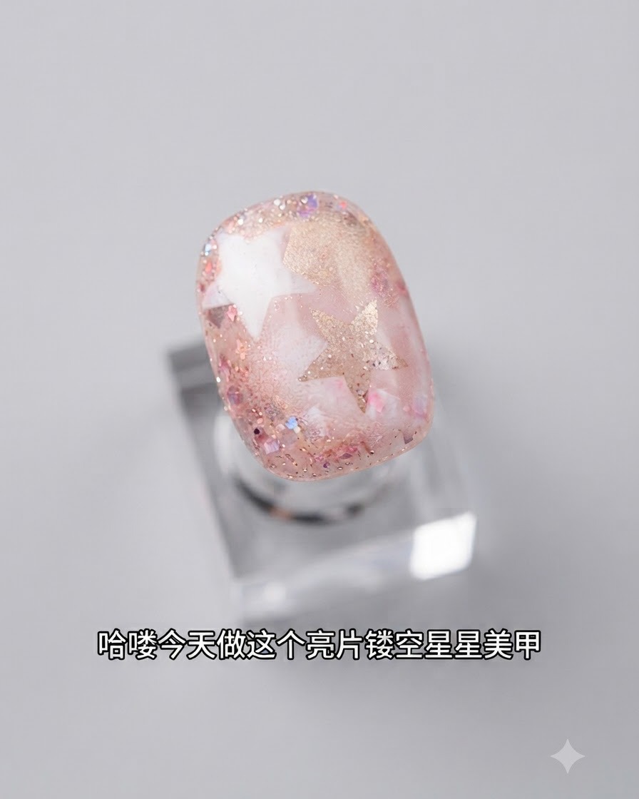 Une éponge tamponnant légèrement du gel de couleur unie sur un pochoir étoile positionné sur la surface de longle décoré.