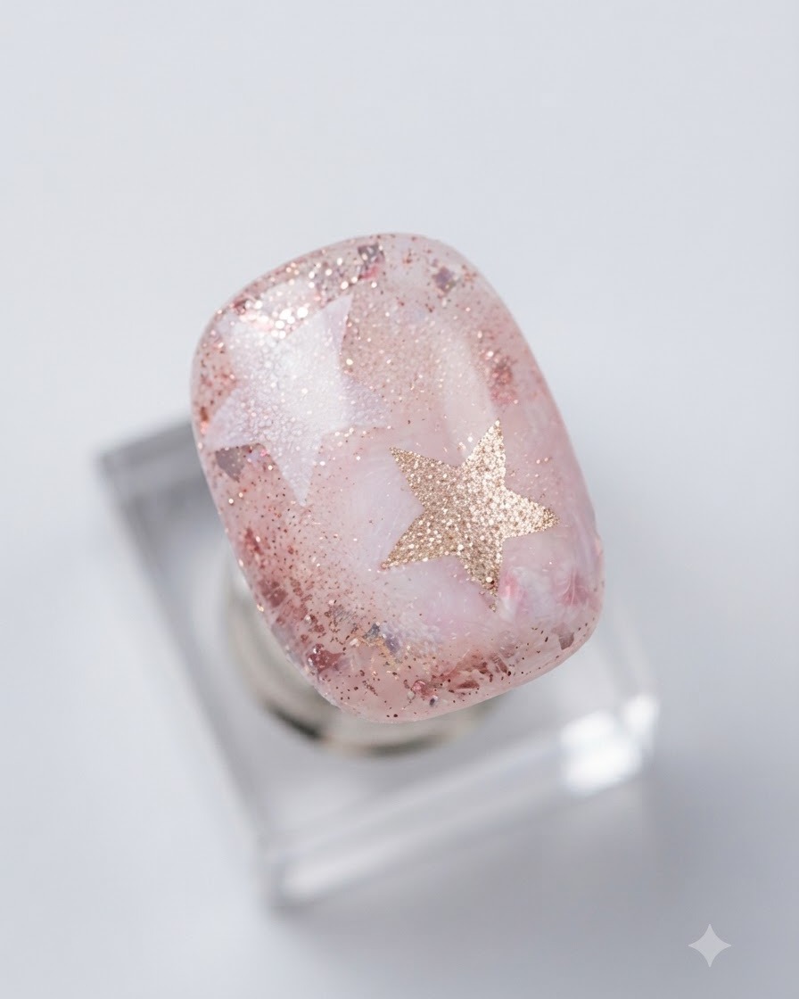 Un pinceau faisant glisser une couche de finition ultra-brillante sur le nail art finalisé détoiles creuses et de paillettes.