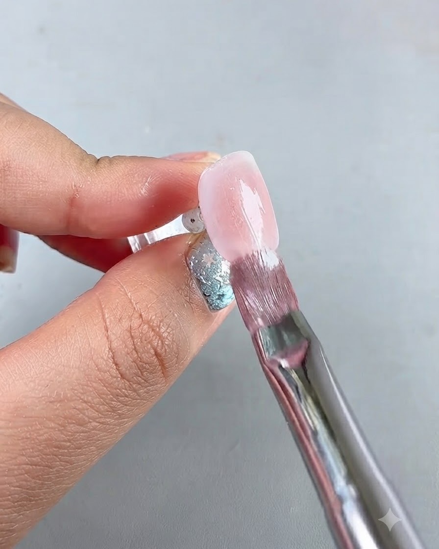 Un pinceau recouvrant un ongle de gel œil-de-chat translucide sur le fond blush.