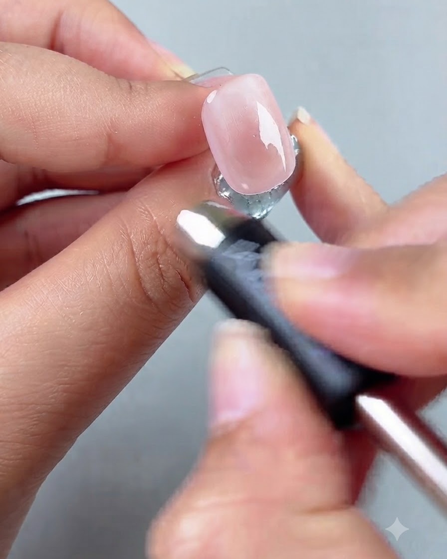 Un bâtonnet aimanté tenu près dun ongle enduit pour former un reflet lumineux.