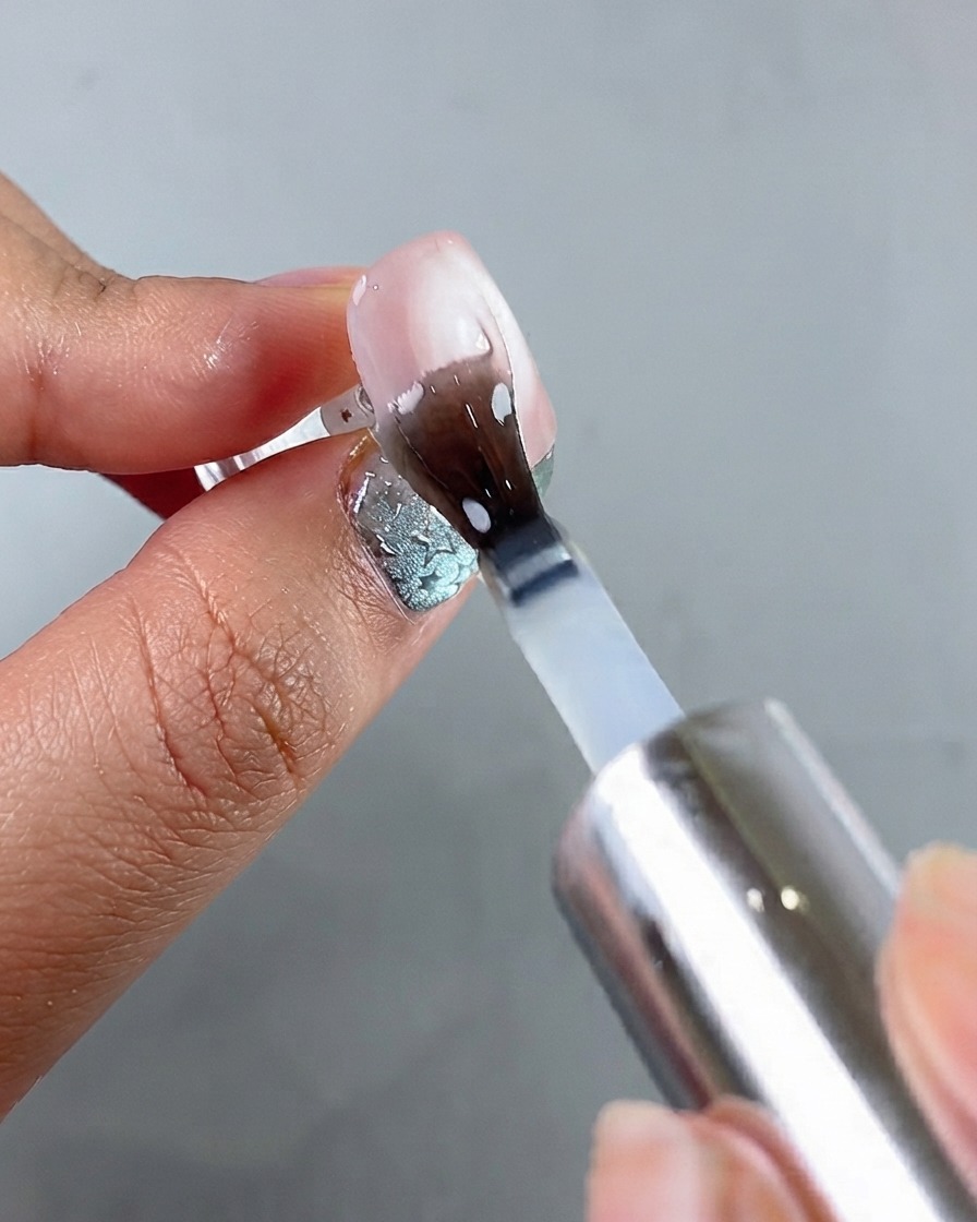 Un pinceau appliquant un top coat de scellement transparent sur longle œil-de-chat catalysé.