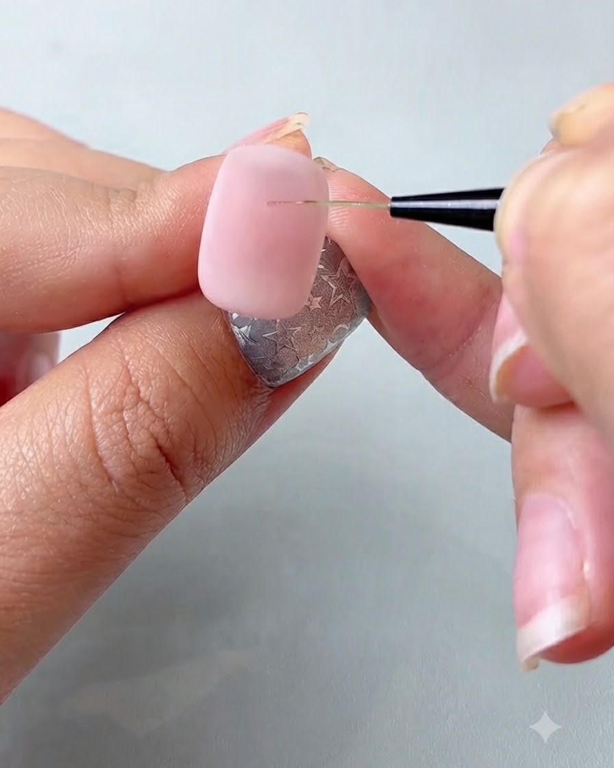 Un pinceau de détail fin dessinant les contours détoiles sur la surface dun ongle.
