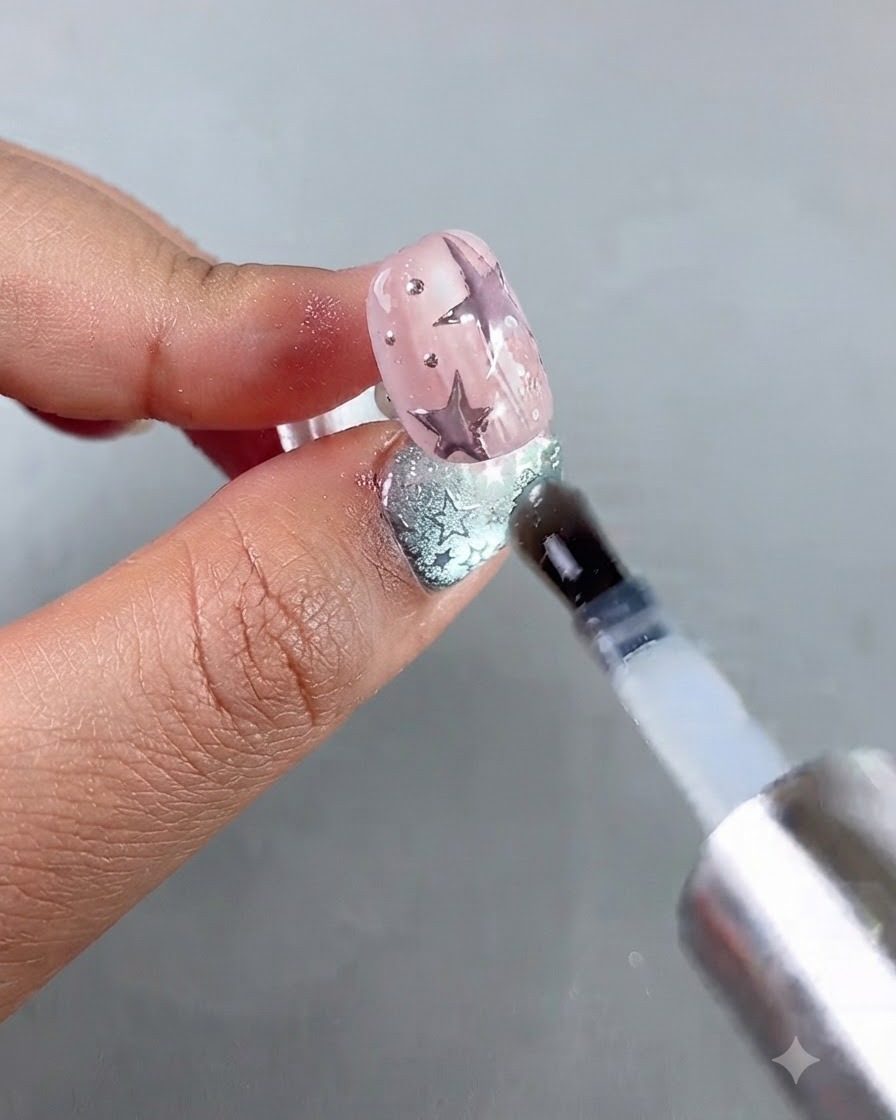 Un pinceau appliquant un top coat transparent sur un ongle rose décoré détoiles violettes et de points argentés.