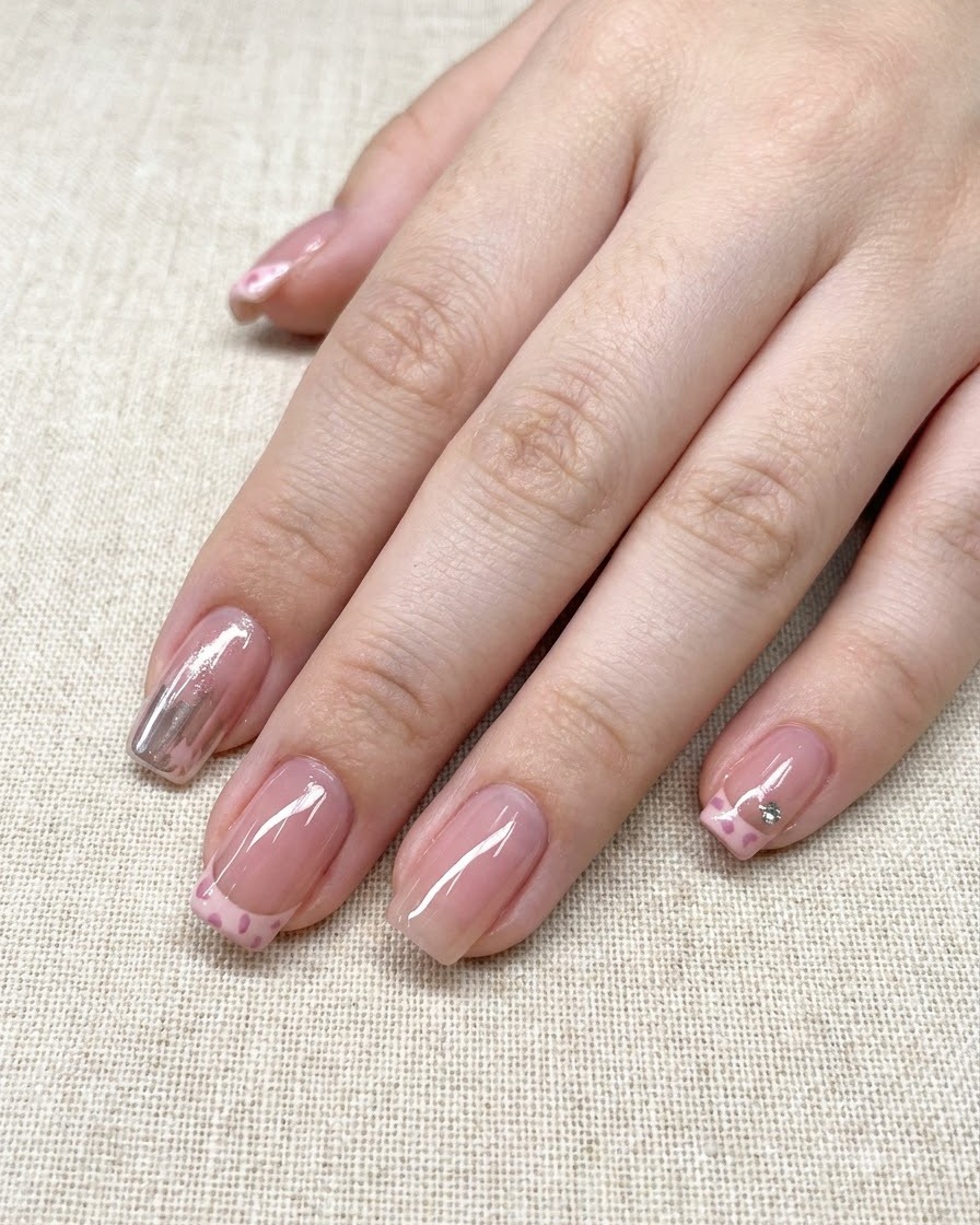 Une main présentant une French manucure et un nail art léopard terminés après lapplication du top coat.
