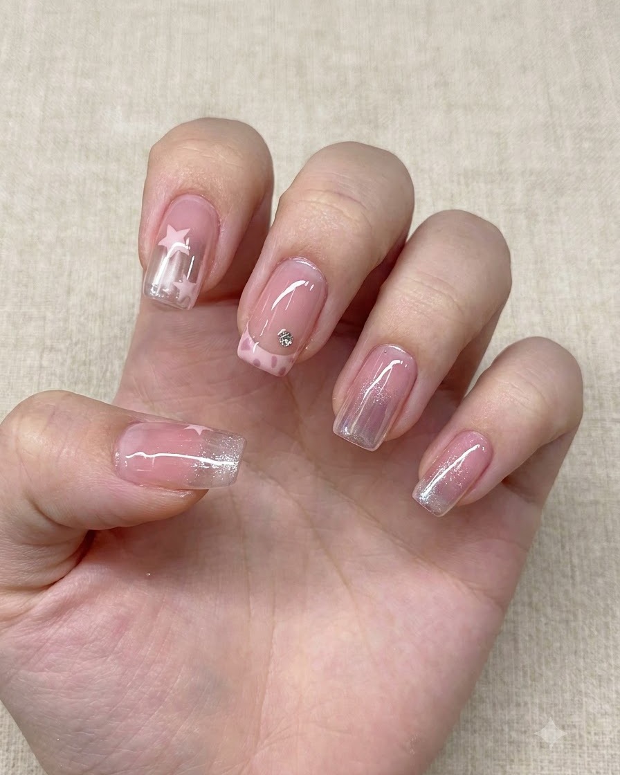 Un pinceau de nail art fin dessinant de minuscules étoiles roses sur un ongle au dégradé brillant.