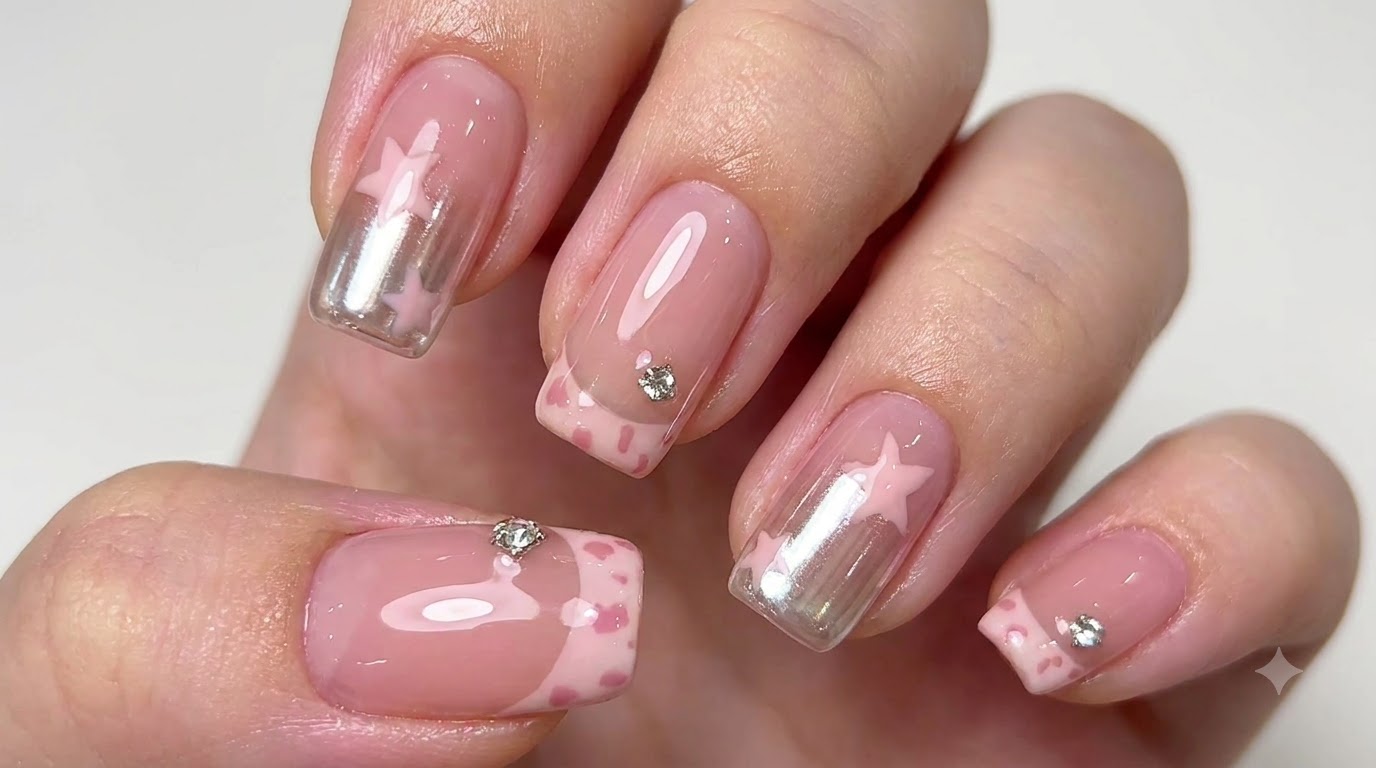 French Manucure Rose et Nail Art Étoiles avec Dégradé Chrome — Tutoriel Pas à Pas