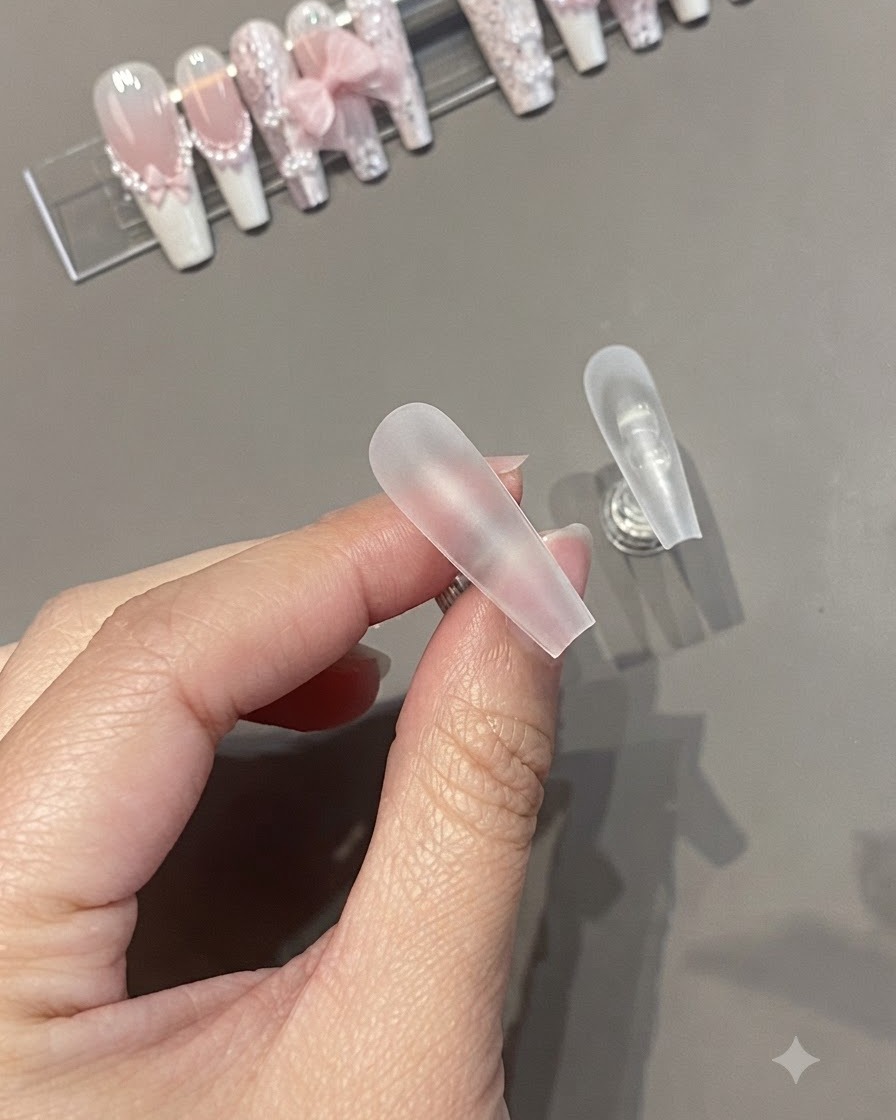 Gros plan de mains tenant la surface dun ongle artificiel matifié pour le préparer à lapplication du vernis.