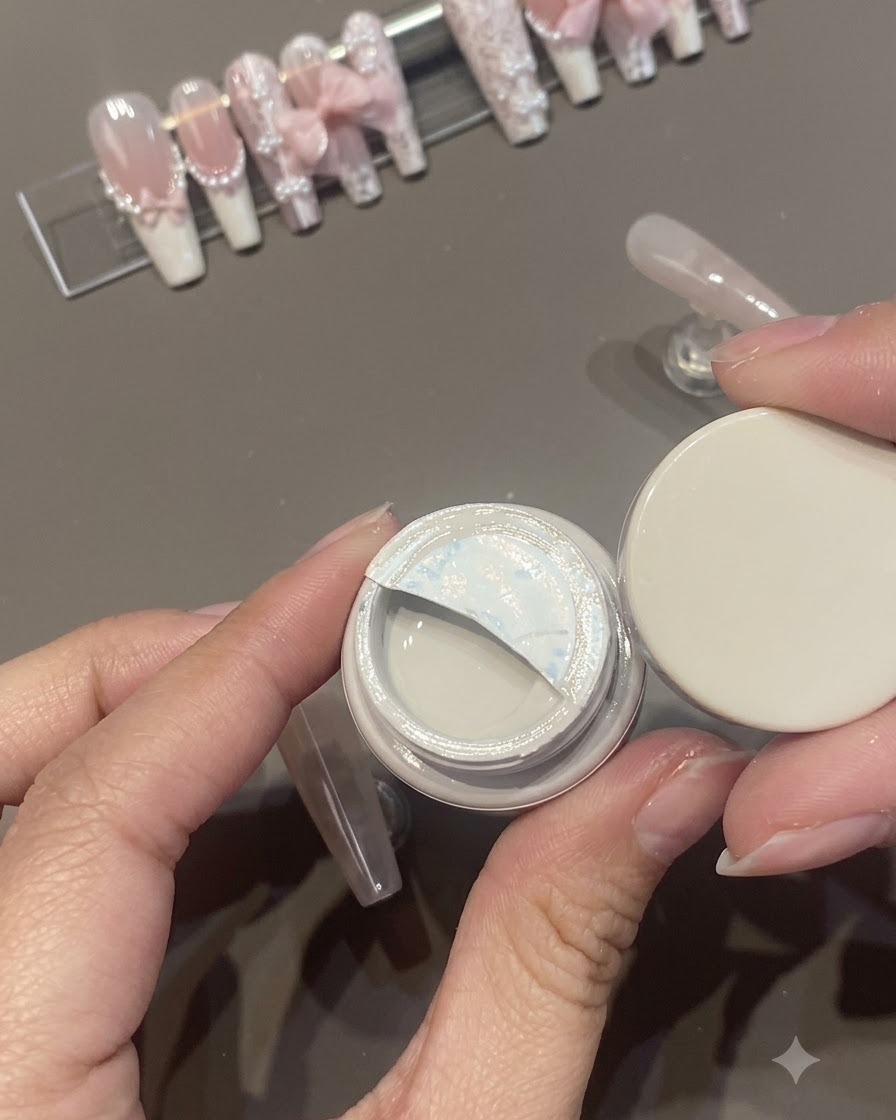 Un pot ouvert de gel de couleur Dorryla avec sa protection partiellement retirée.