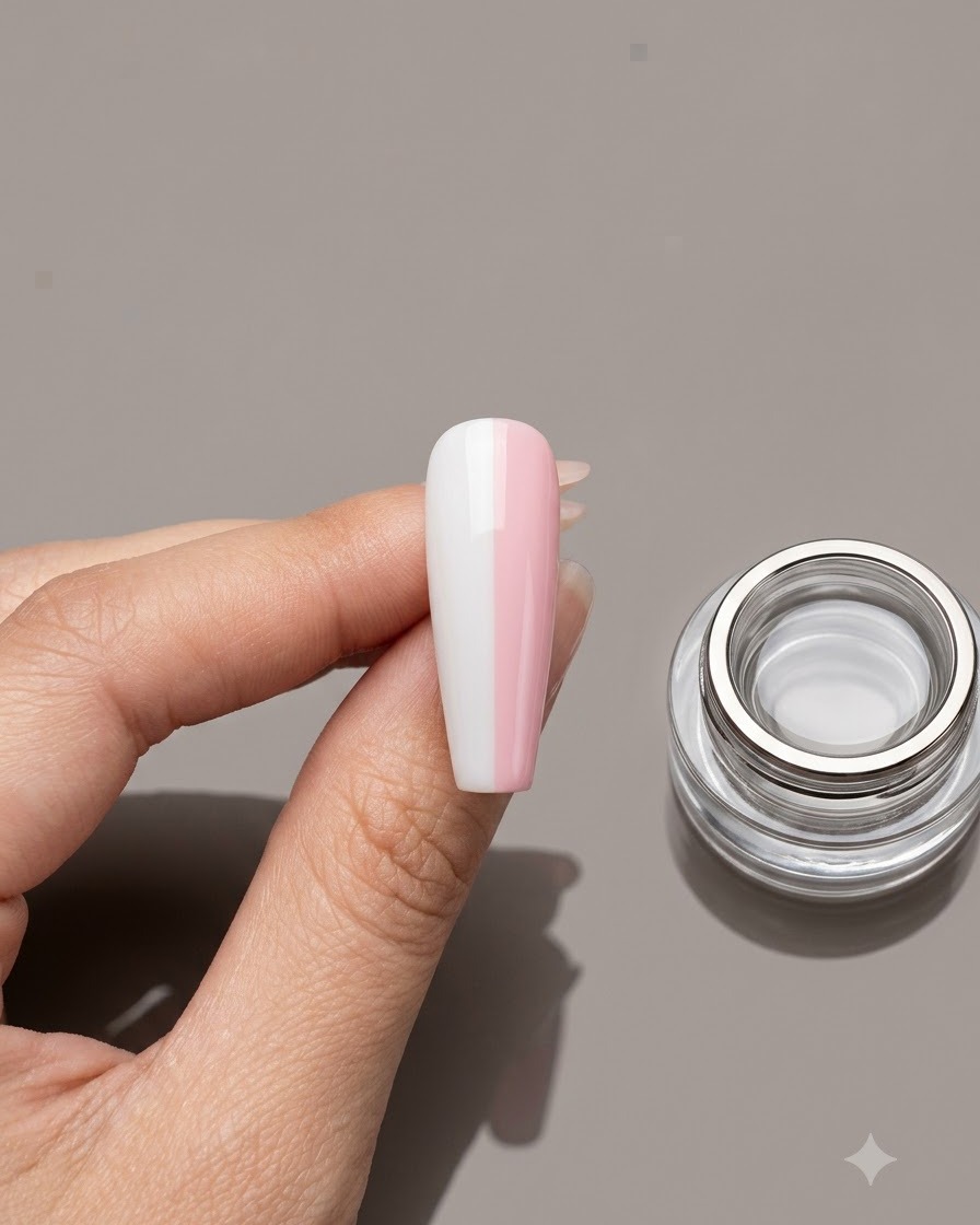 Un faux ongle bicolore blanc et rose tenu par des doigts avec un pot de gel transparent à côté.
