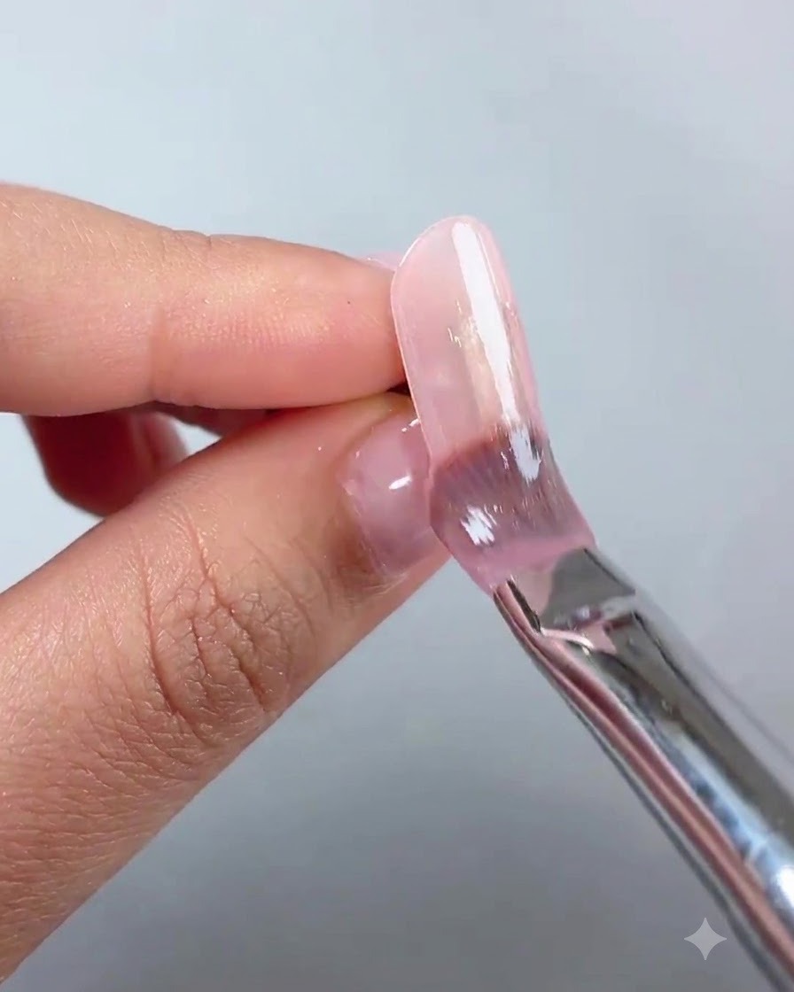 Une vue rapprochée dun doigt montrant une couche de base rose nude lisse et brillante sur unongle rallongé.