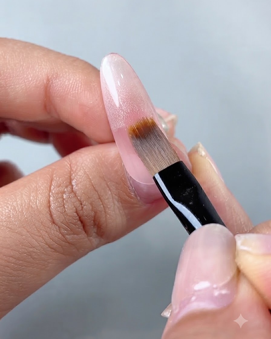 Un pinceau à ongles professionnel tenu à un angle de 45 degrés estompant le vernis gel sur la longueur dun ongle allongé.