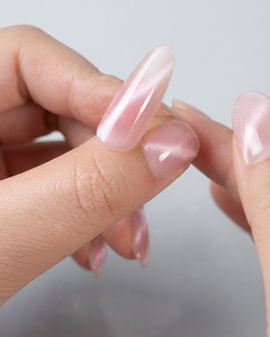 Une vue rapprochée dongles cat-eye finis affichant une large bande de réflexion lumineuse sur des surfaces roses brillantes.