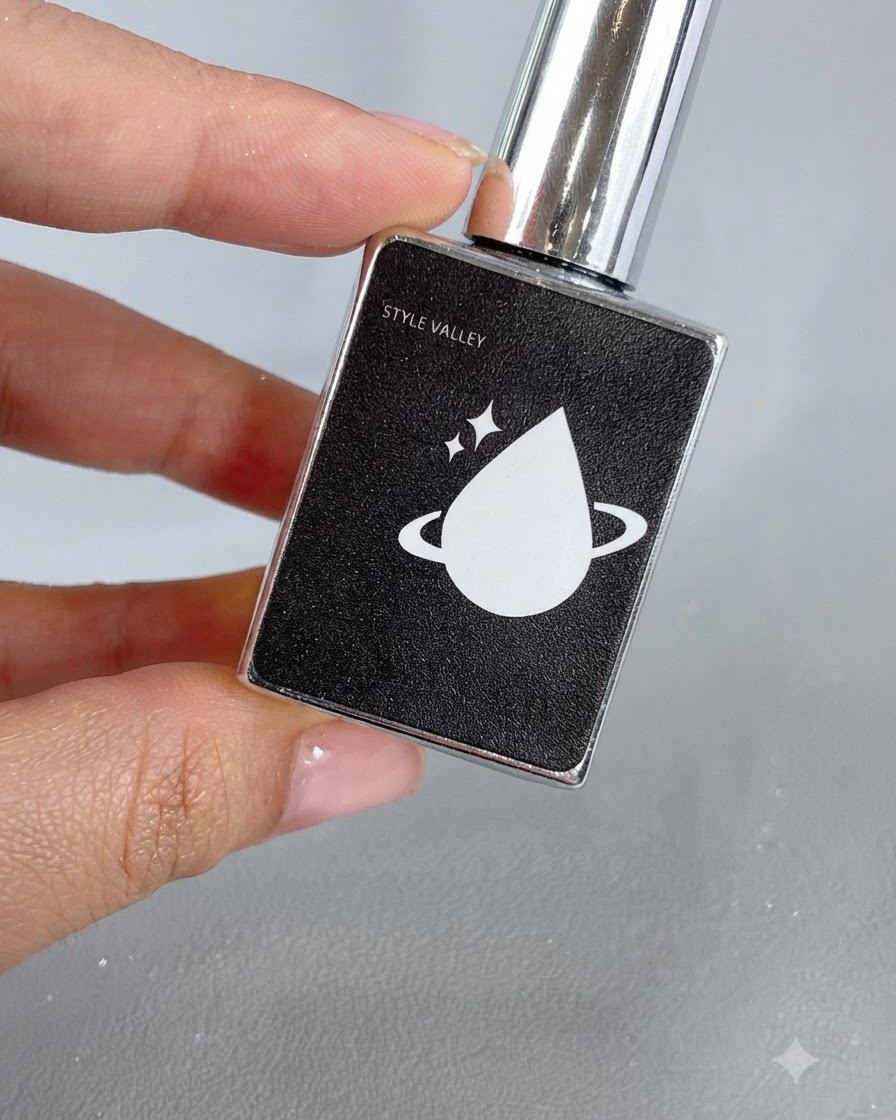 Un flacon de top coat avec une étiquette de marque positionné près dune main manucurée.