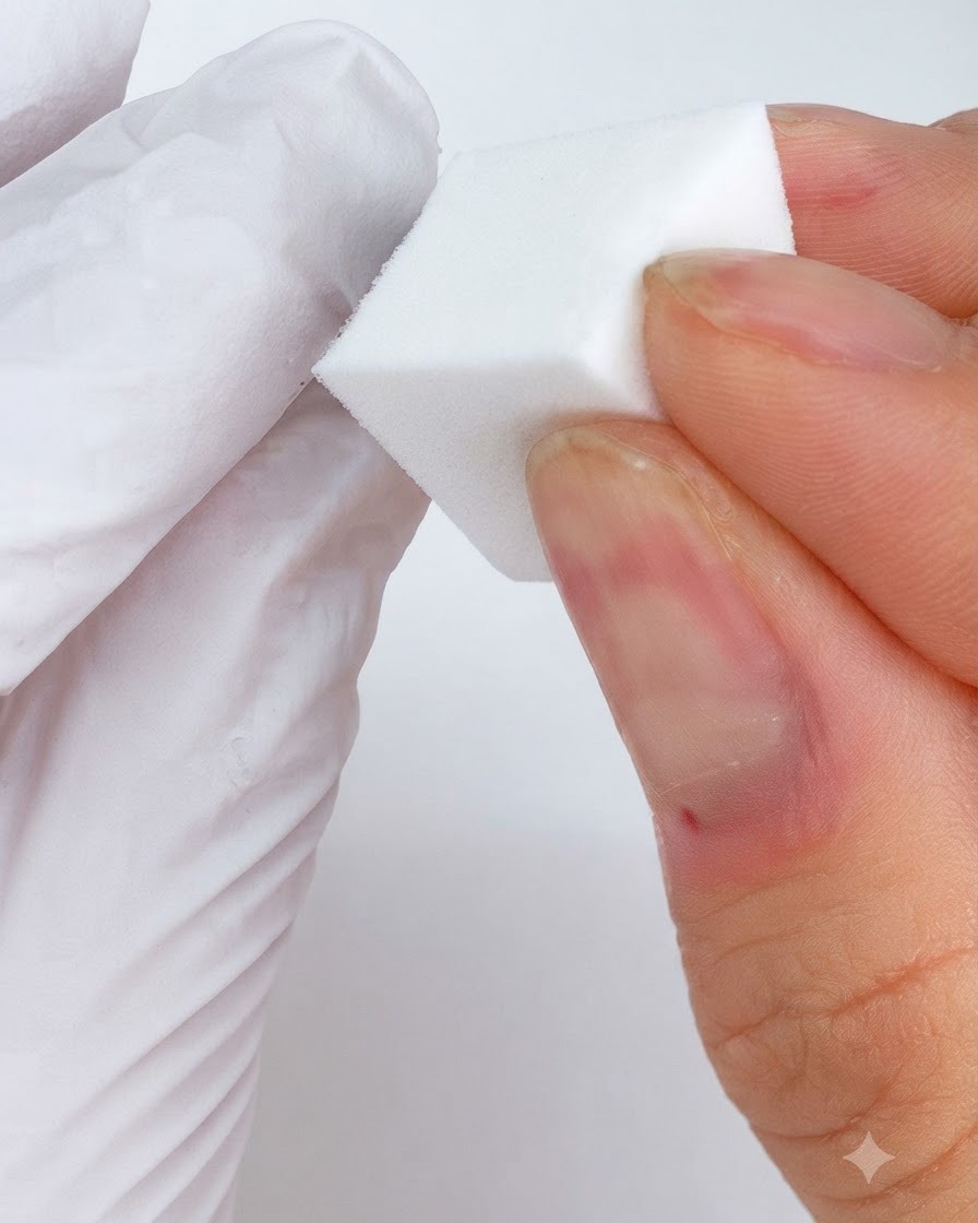 Une éponge cosmétique blanche pressée contre un ongle pour diffuser le gel blanc en un cercle doux.