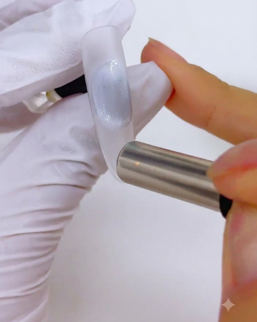 Un aimant cylindrique façonnant le gel magnétique sur un ongle pour former une perle.
