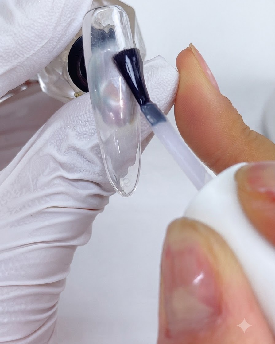 Un pinceau applicateur déposant de la poudre de perle LP03 sur les zones aux tons bleus du nail art.