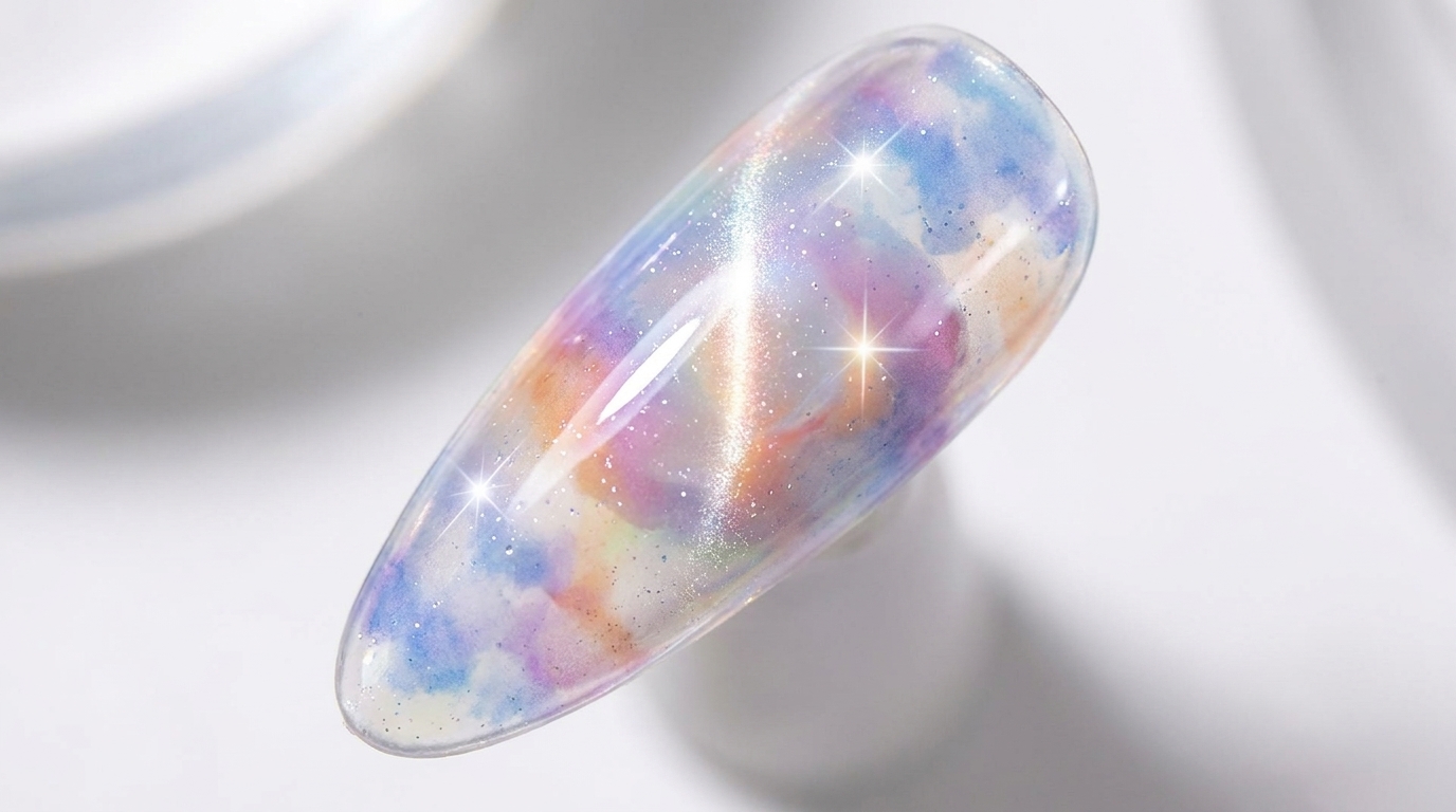 Gros plan sur longle terminé présentant un effet aurora nacré de rêve avec des nuages aquarelle et un centre cat-eye lumineux.