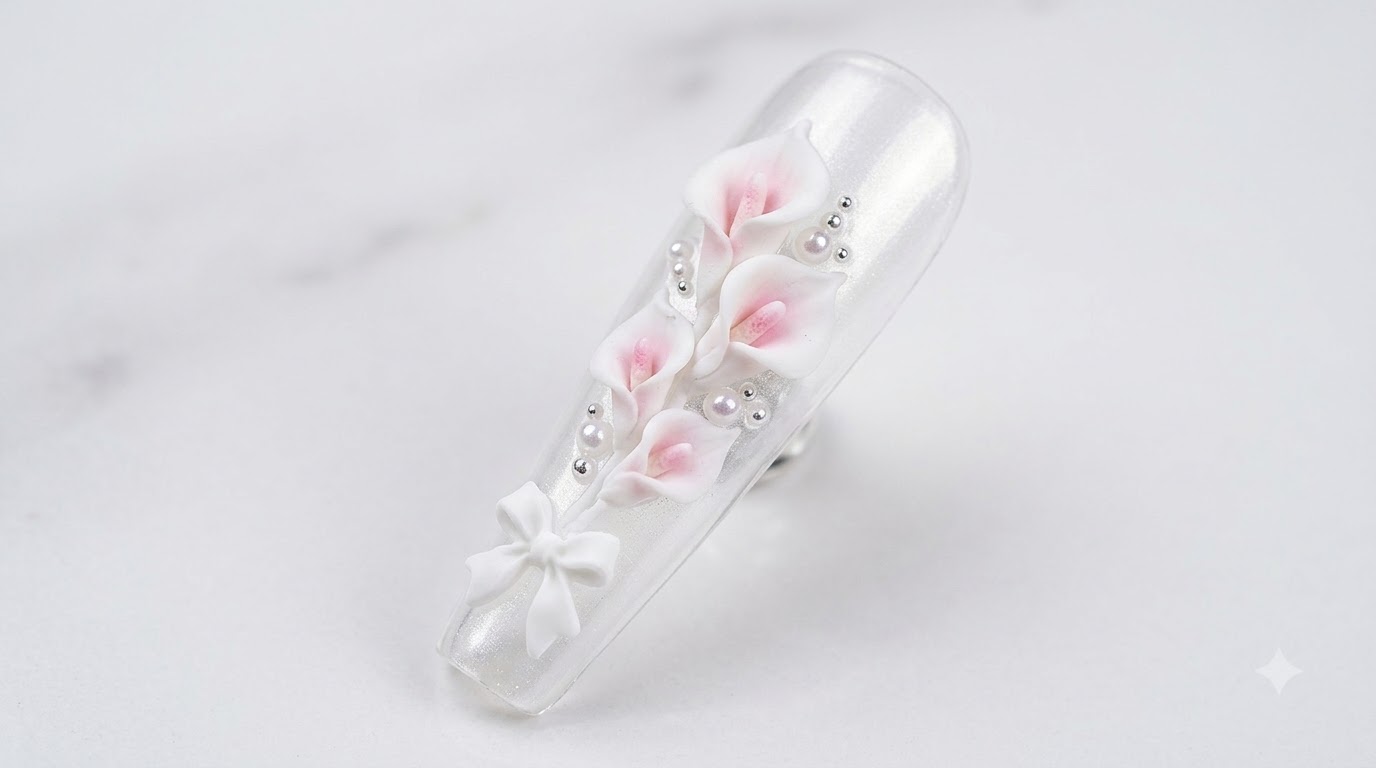 Nail Art délicat aux perles et lys callas tons froids — Tutoriel pas à pas