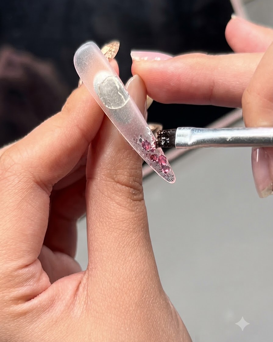 Un pinceau appliquant des paillettes de rose sur une extension dongle transparente.