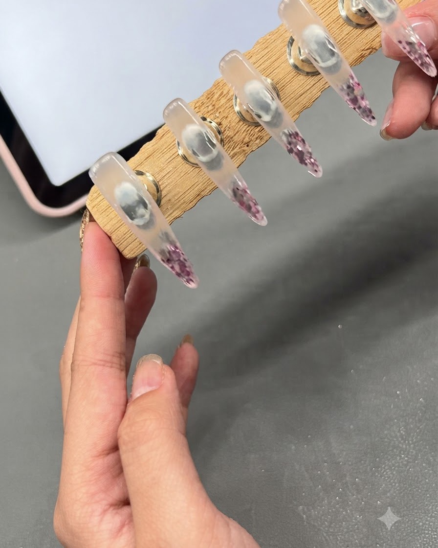 Une main tenant un support à ongles en bois à lenvers pour laisser le gel ségaliser.