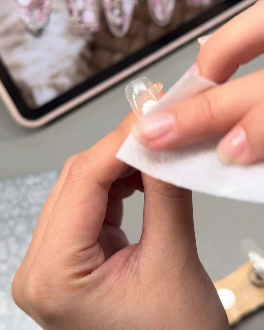 Une lingette non pelucheuse nettoyant le résidu collant de la surface dun ongle.
