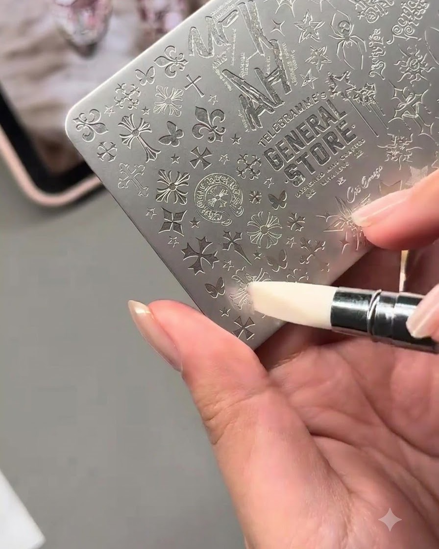 Un outil raclant lexcès de vernis dune plaque de stamping métallique détaillée.