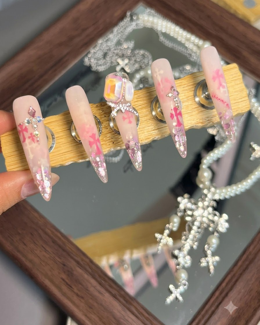 Gros plan dun ongle décoré avec un grand cristal central et de petites billes dacier métalliques placées proprement autour de sa base.