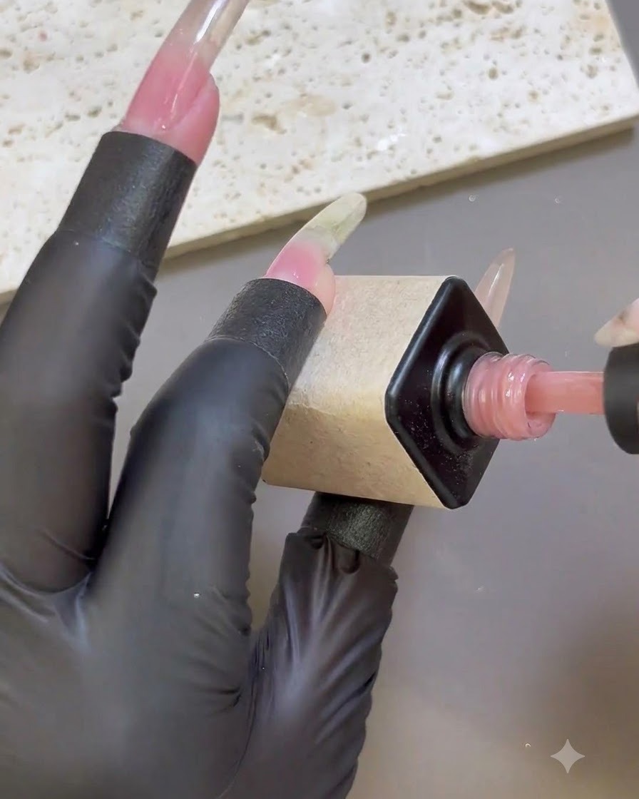 Une main gantée appliquant du gel de base rose nude sur un ch1 de rallongement dongle.