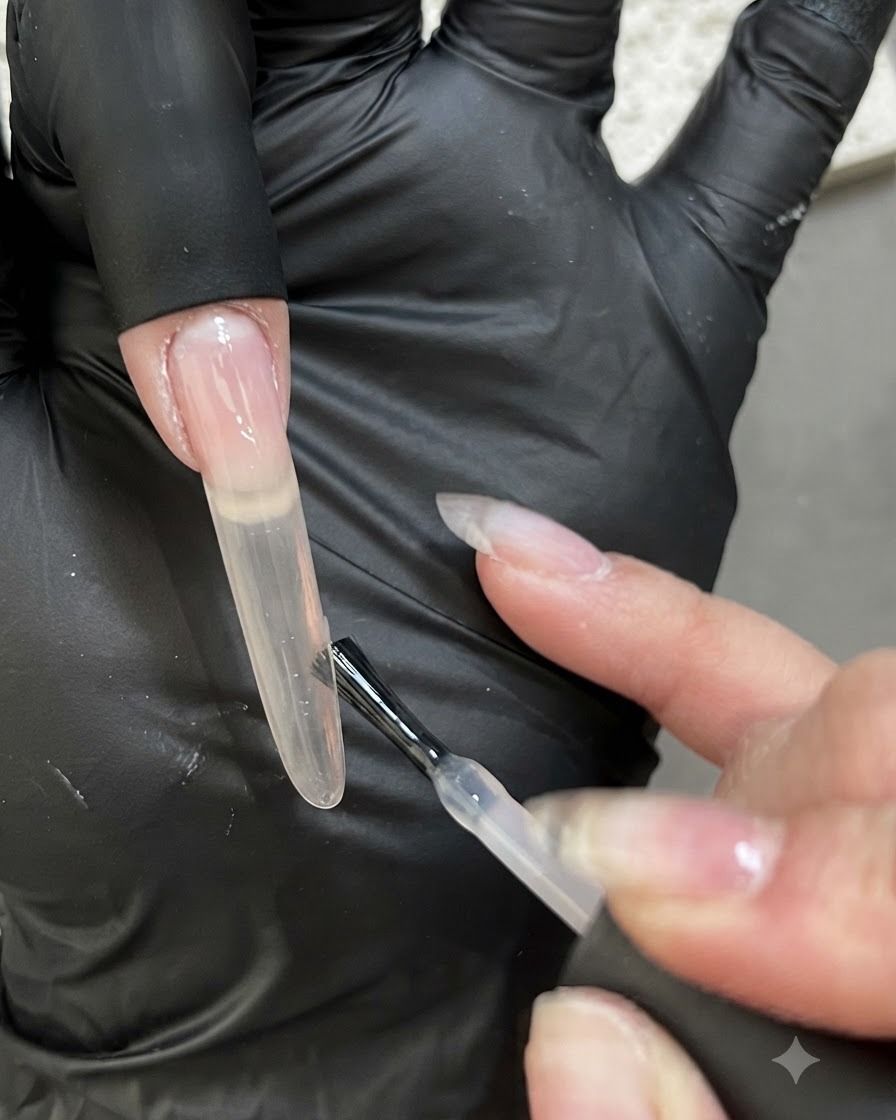 Gros plan dun pinceau appliquant une deuxième couche plus épaisse de gel rose nude sur une extension dongle.
