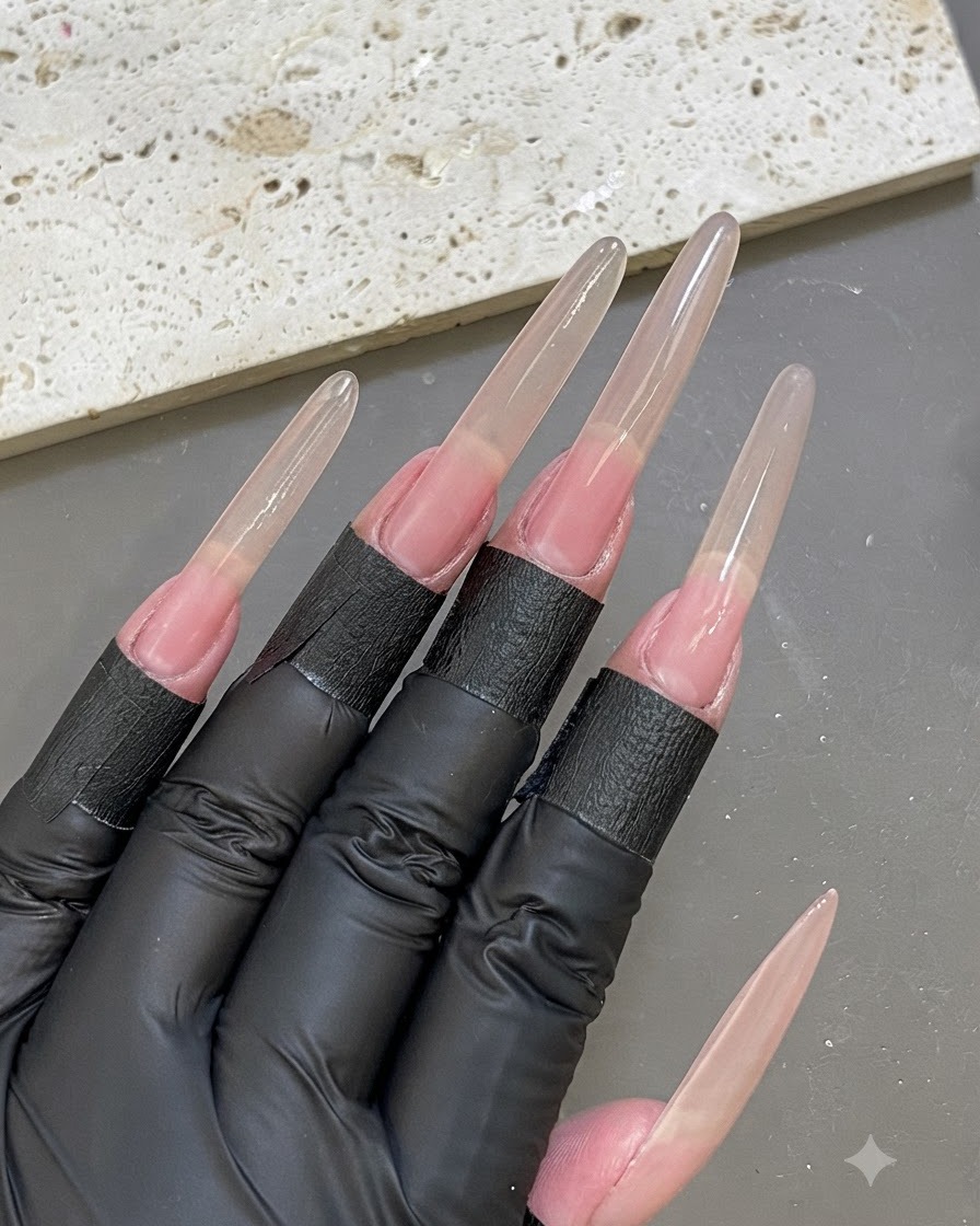Vue de dessus dune main avec des chablons dextension dongles identiques appliqués sur tous les doigts.