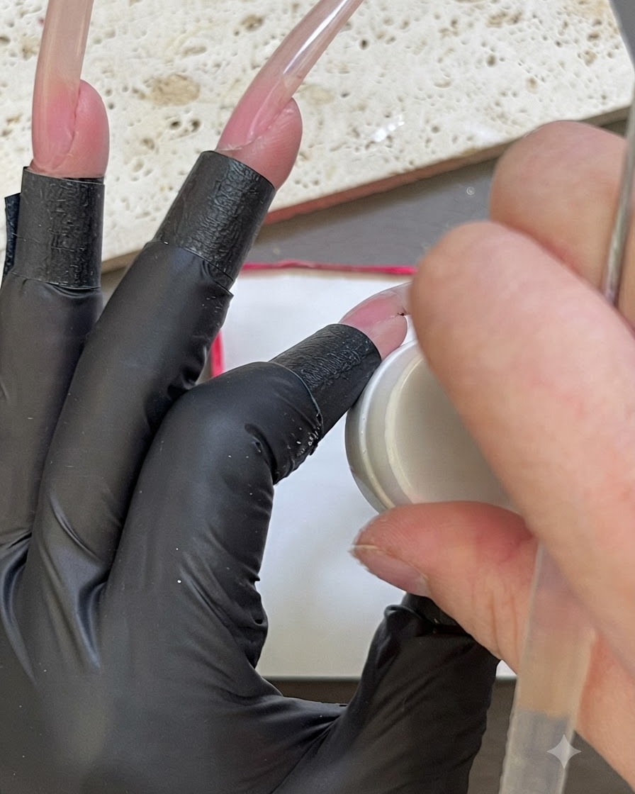 Une main gantée tamponnant une éponge blanche sur un petit contenant de gel blanc.
