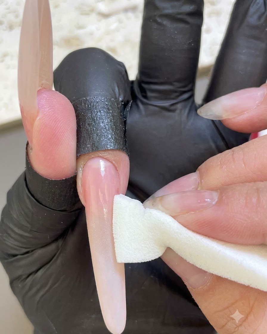 Une éponge tamponnant du gel blanc sur le bout dune extension dongle à base rose pour former un dégradé ombré.