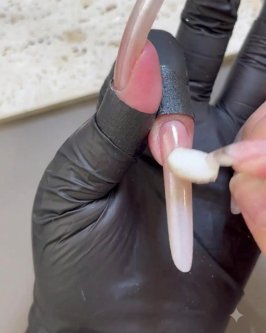 Gros plan dun applicateur éponge lissant la poudre chrome blanche sur un ongle rallongé.
