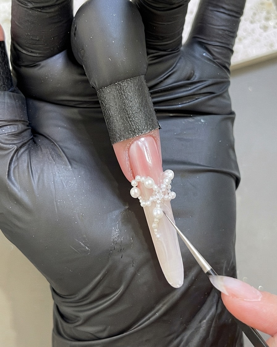 Une main gantée utilisant une pince fine pour placer de petites perles blanches sur un ongle rallongé afin de former une forme de nœud papillon.