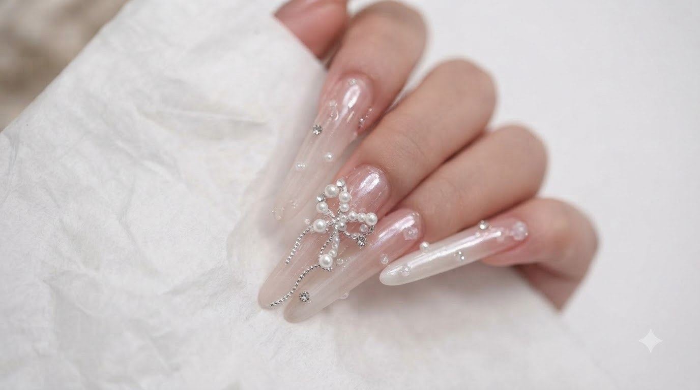 Tutoriel d'Ongles Gel Éthérés Perle Clair de Lune & Ruban