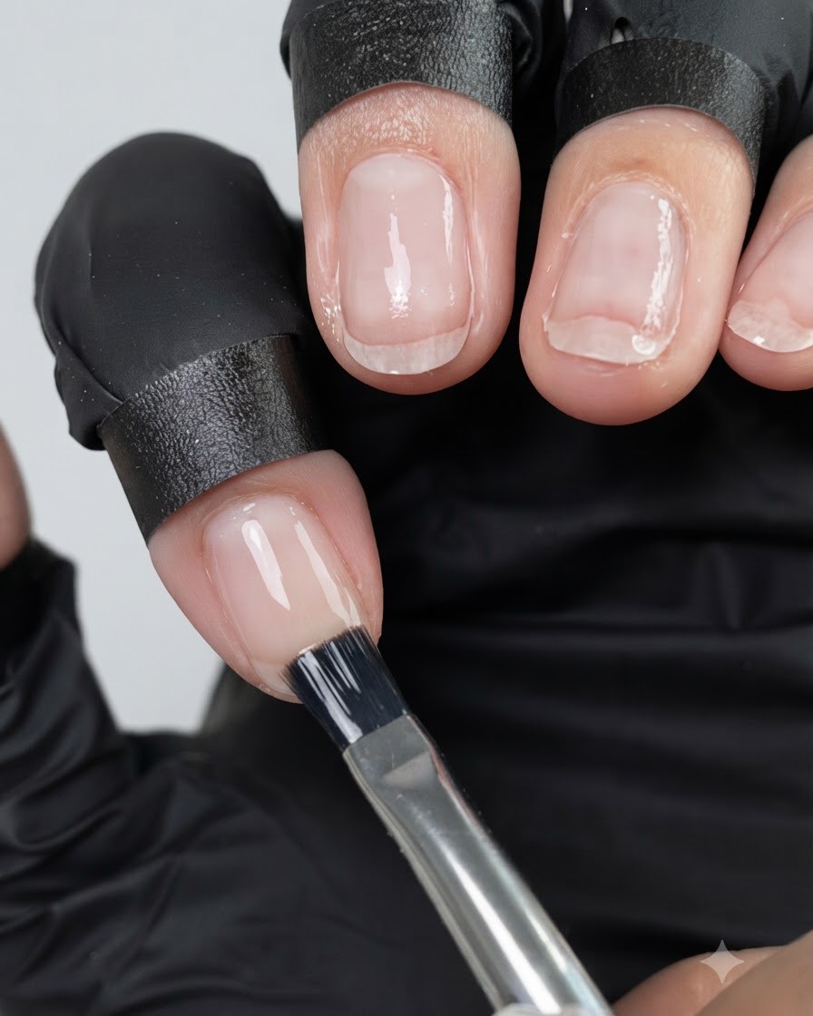 Un pinceau appliquant un vernis gel nude translucide uniformément sur la surface dun ongle.