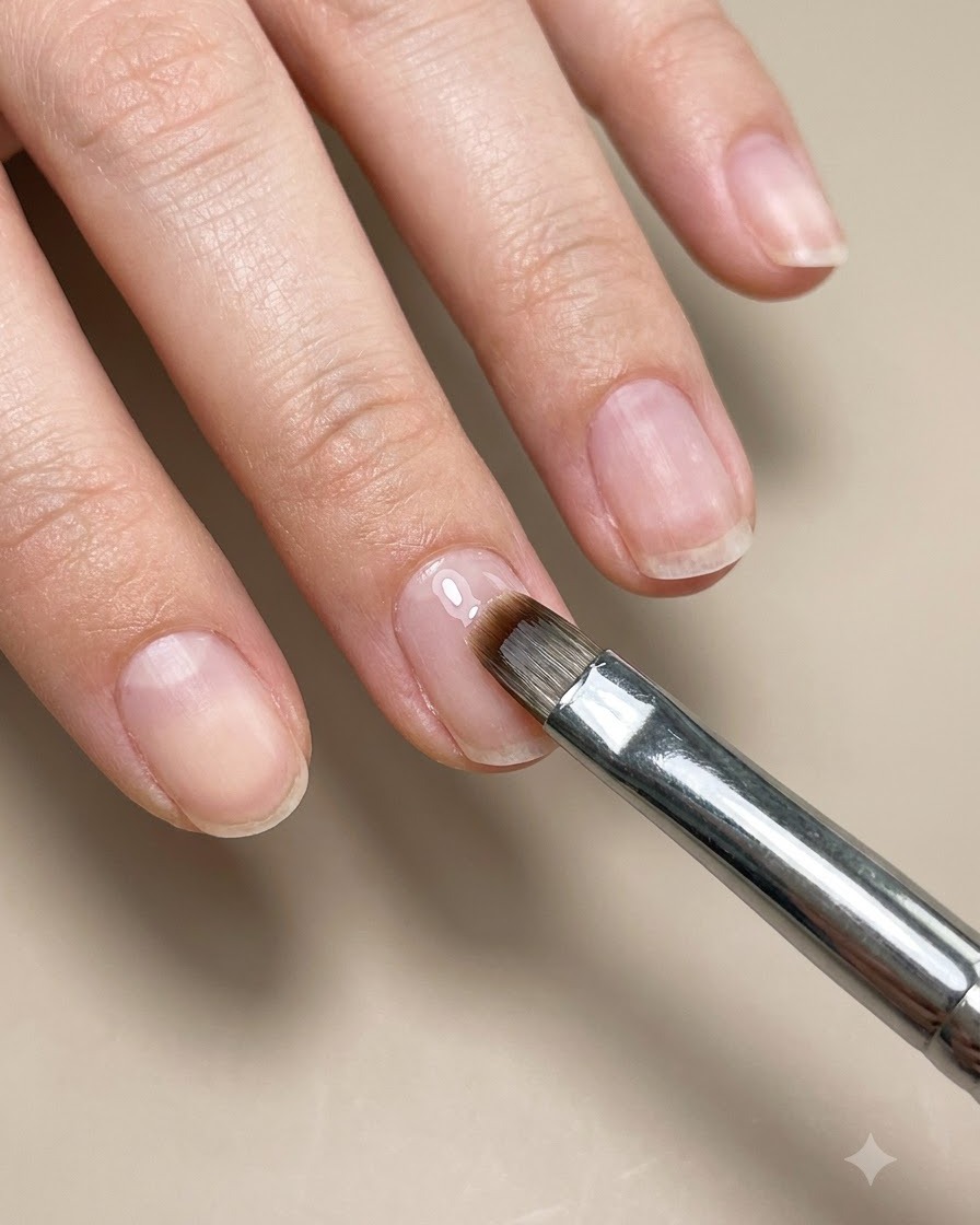 Un outil éponge cosmétique tamponnant de la couleur sur le bord dun ongle pour former un dégradé ombré.