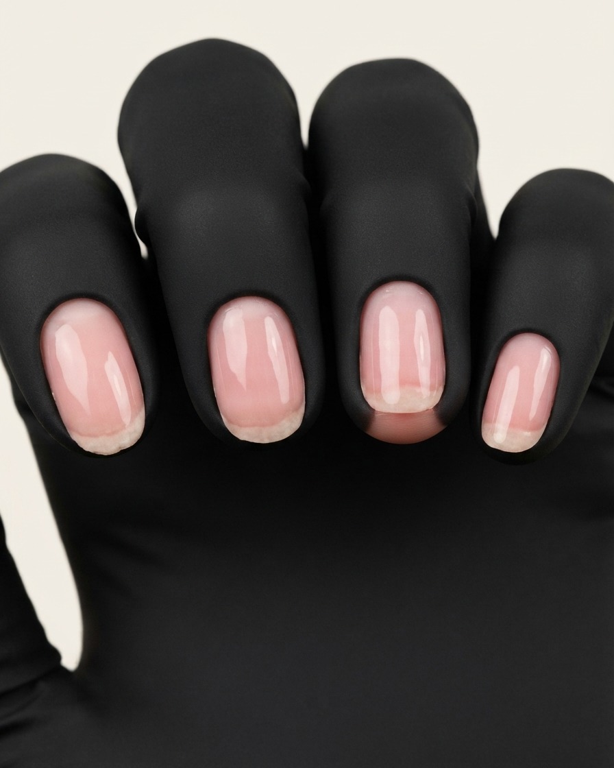 Une lime à ongles façonnant les côtés et le bord libre dongles manucurés portant des protections de doigts noires.