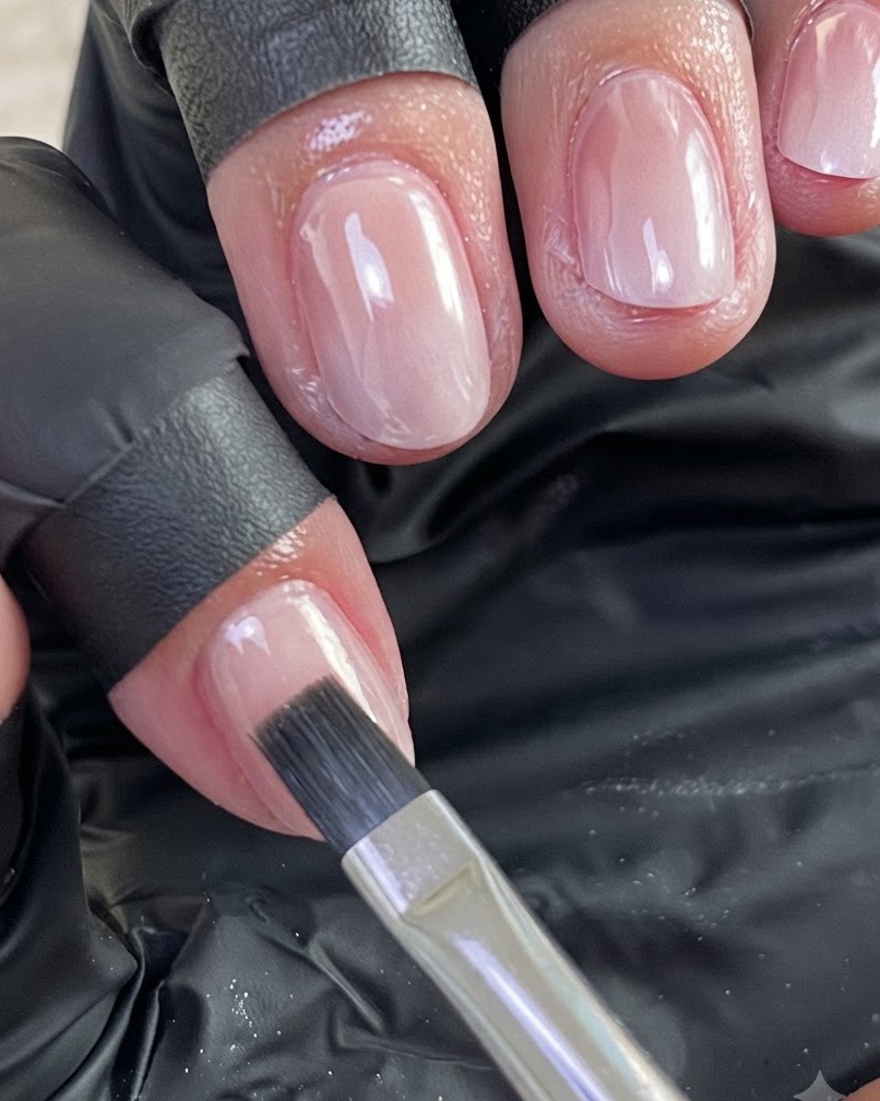 Un pinceau à ongles appliquant soigneusement une couche transparente de gel fortifiant sur un ongle manucuré.