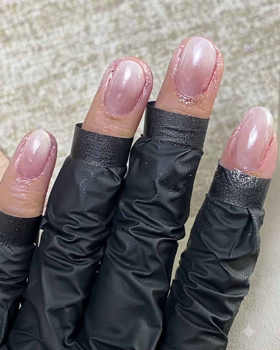 Un pinceau à ongles appliquant un top coat lisse et brillant sur une manucure terminée.