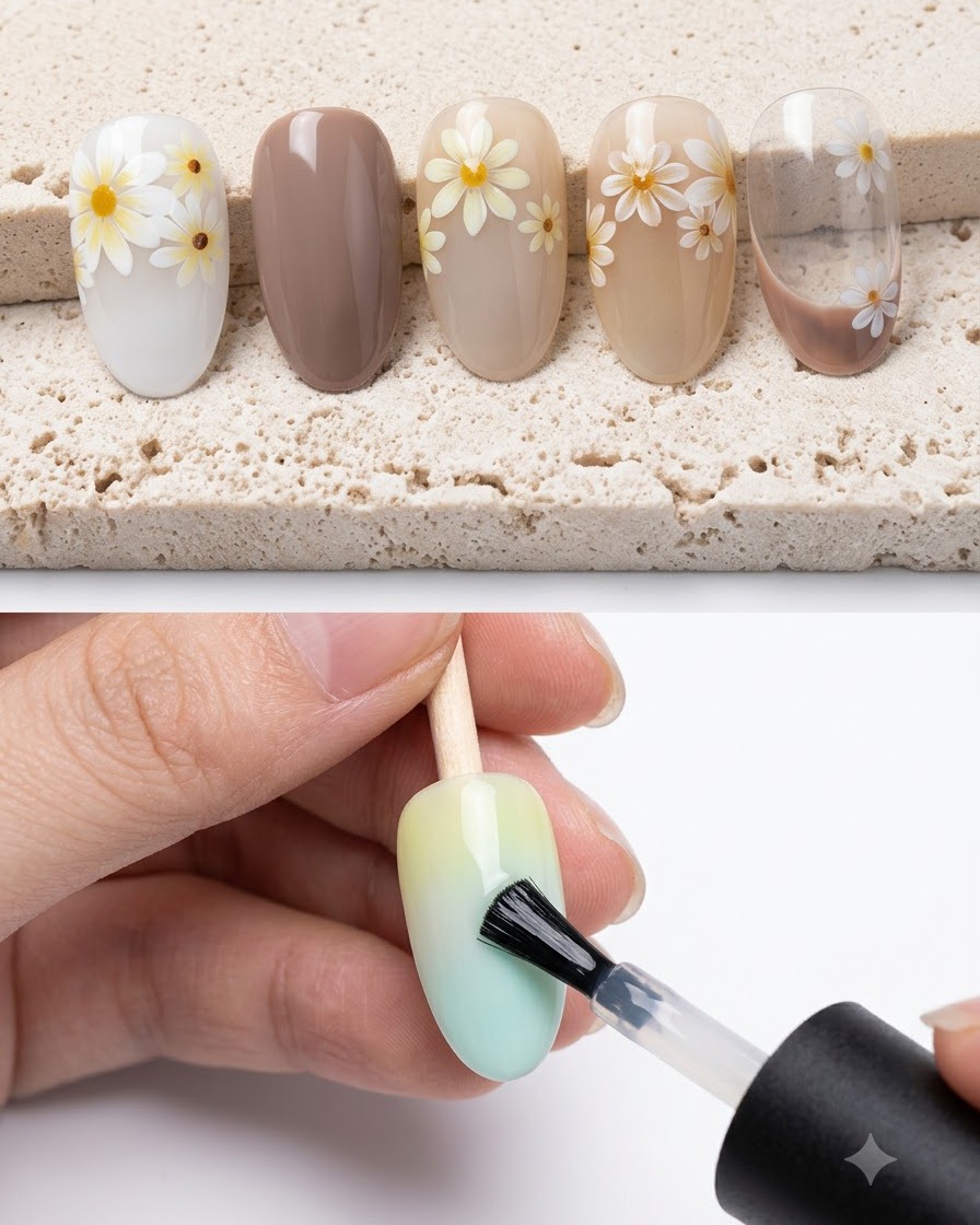 Un pinceau appliquant du vernis gel blanc lacté sur la surface dune capsule dongle.