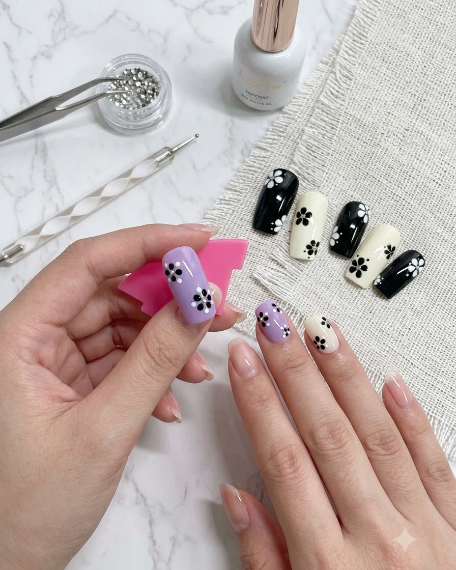 Une main tenant un modèle dongle montrant trois points blancs disposés en triangle sur un ongle violet.