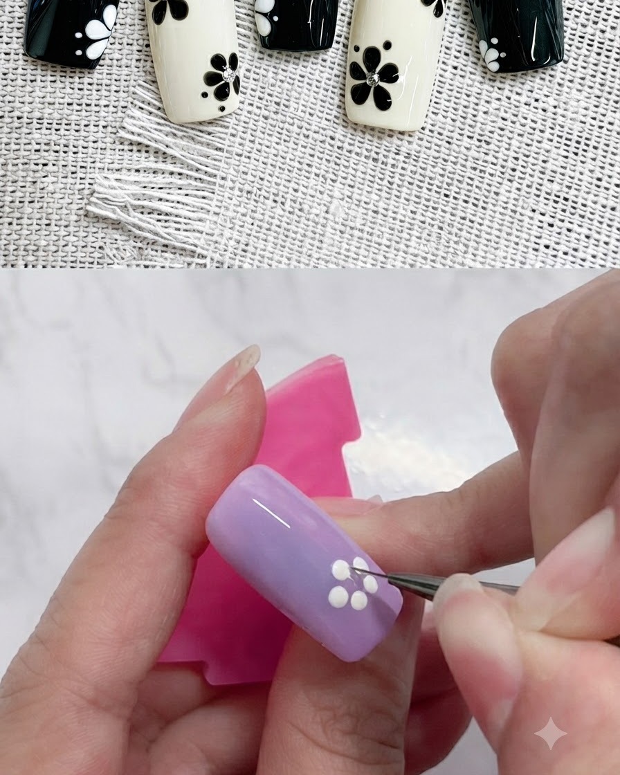 Un pinceau liner fin affinant les bords des formes de pétales blancs sur un ongle violet.