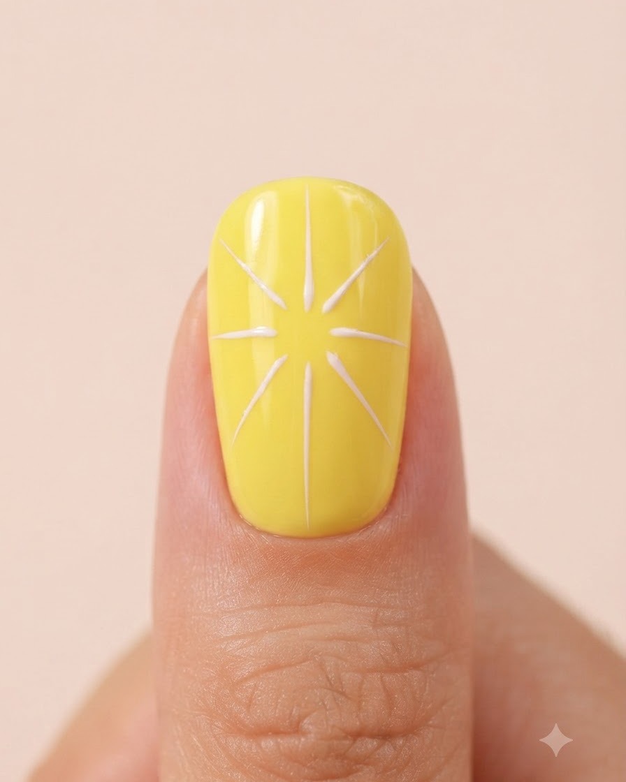 Gros plan de gel blanc appliqué sur la surface dun ongle jaune pour former la première couche de pétales de marguerite.