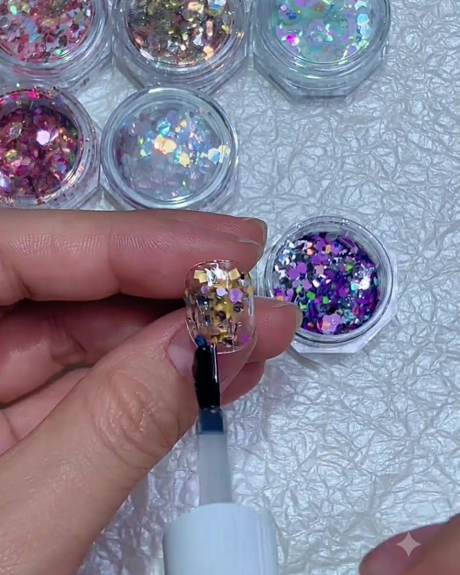 Un pinceau appliquant une couche transparente de gel sur les paillettes incrustées dun ongle.