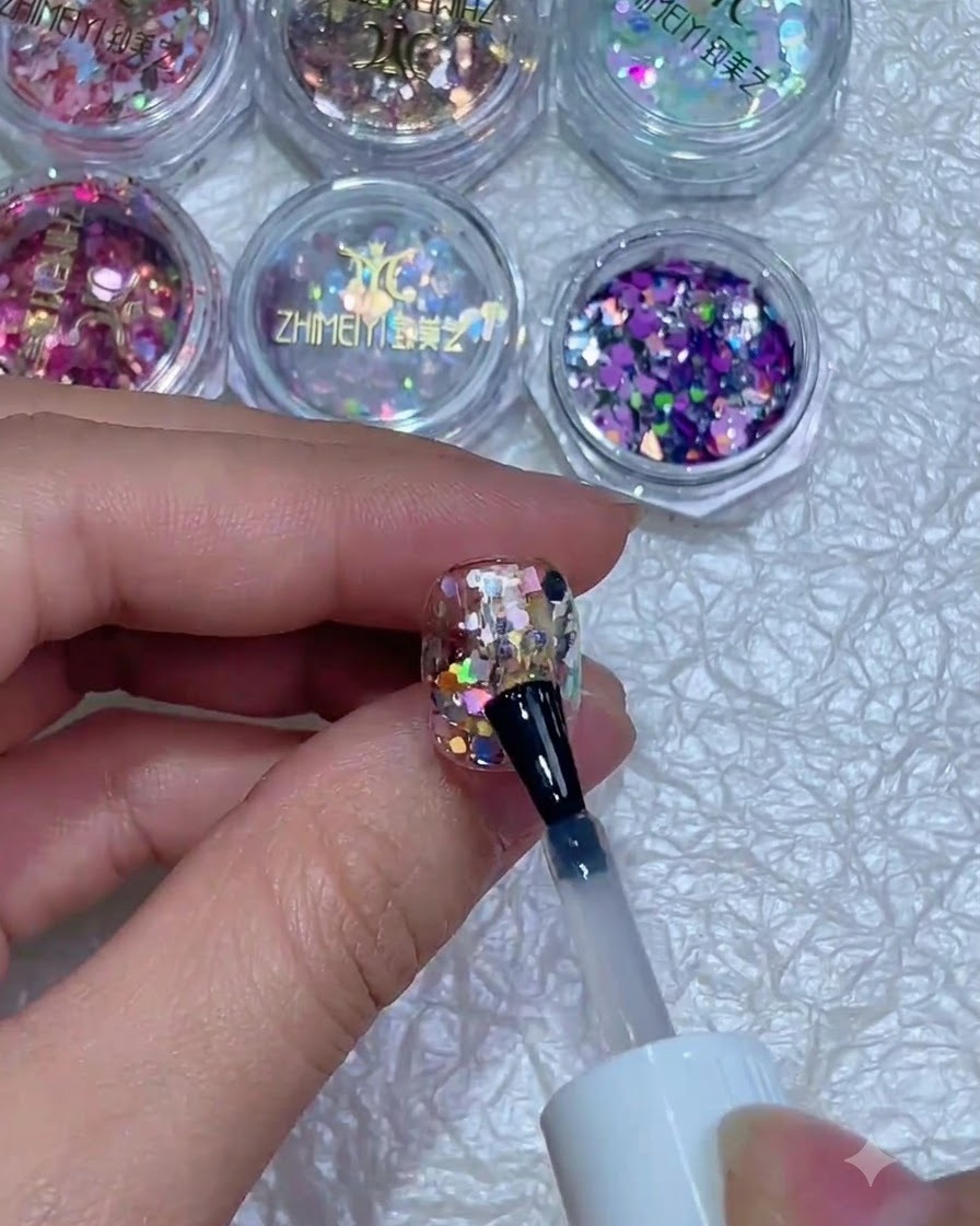 Un pinceau à ongles appliquant un top coat transparent et brillant effet verre sur un ongle incrusté de paillettes et dun sticker.