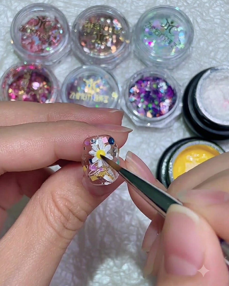 Un pinceau fin appliquant un point de gel jaune vif au centre exact dun design dongle nail art marguerite 3D en relief.