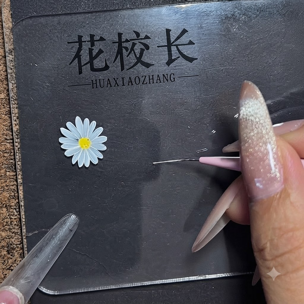 Un pinceau liner fin dessinant une croix blanche précise sur un tapis dentraînement sombre.