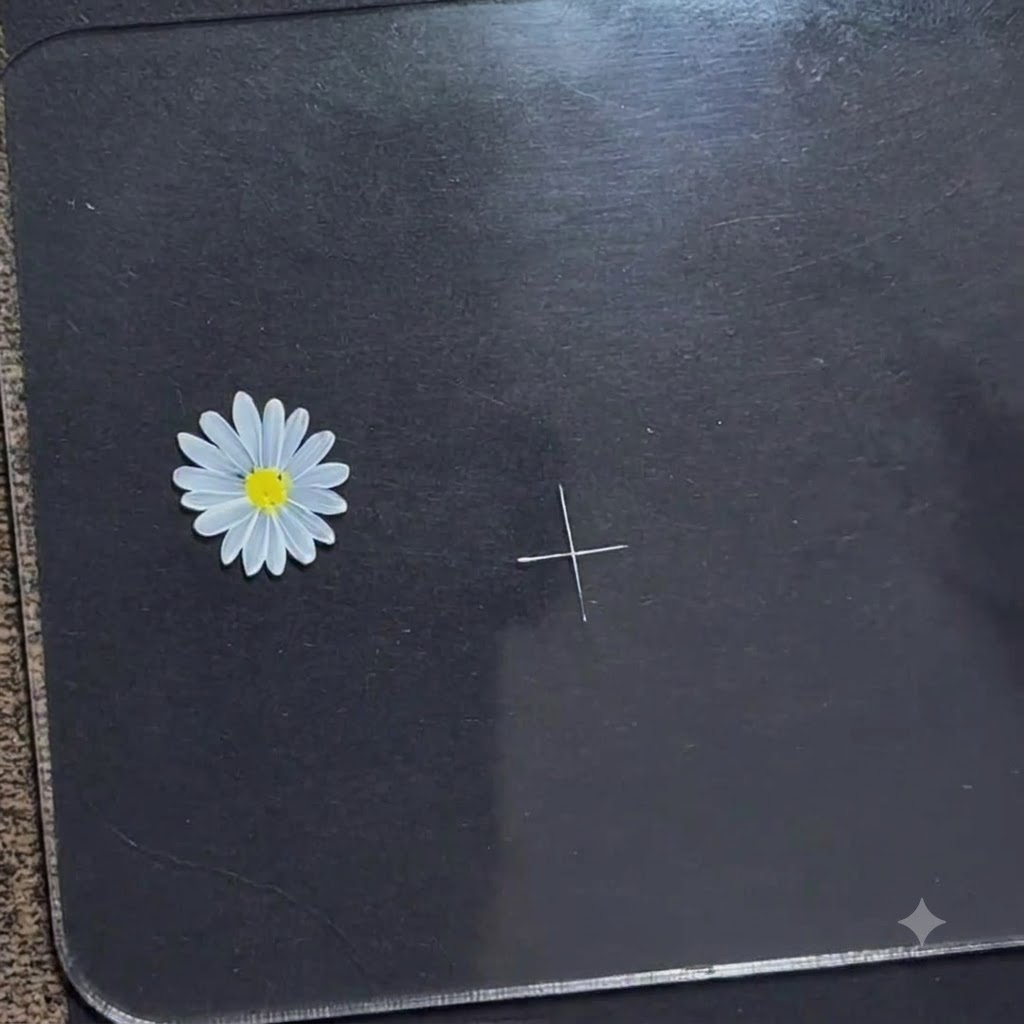 Un guide de croix blanche complété avec des lignes prolongées tracées sur une surface sombre.
