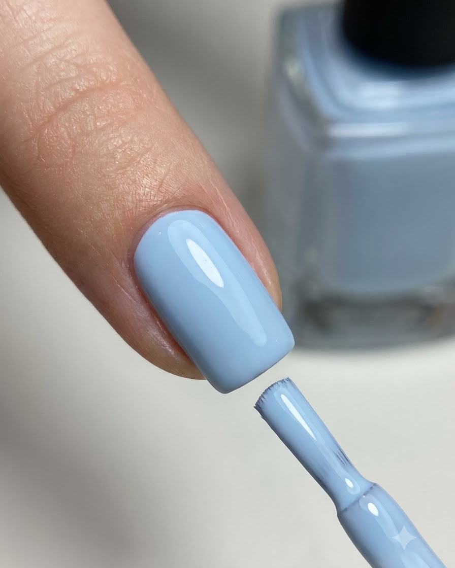 Un doigt avec du vernis gel bleu grisé catalysé à côté du flacon de vernis gel correspondant.